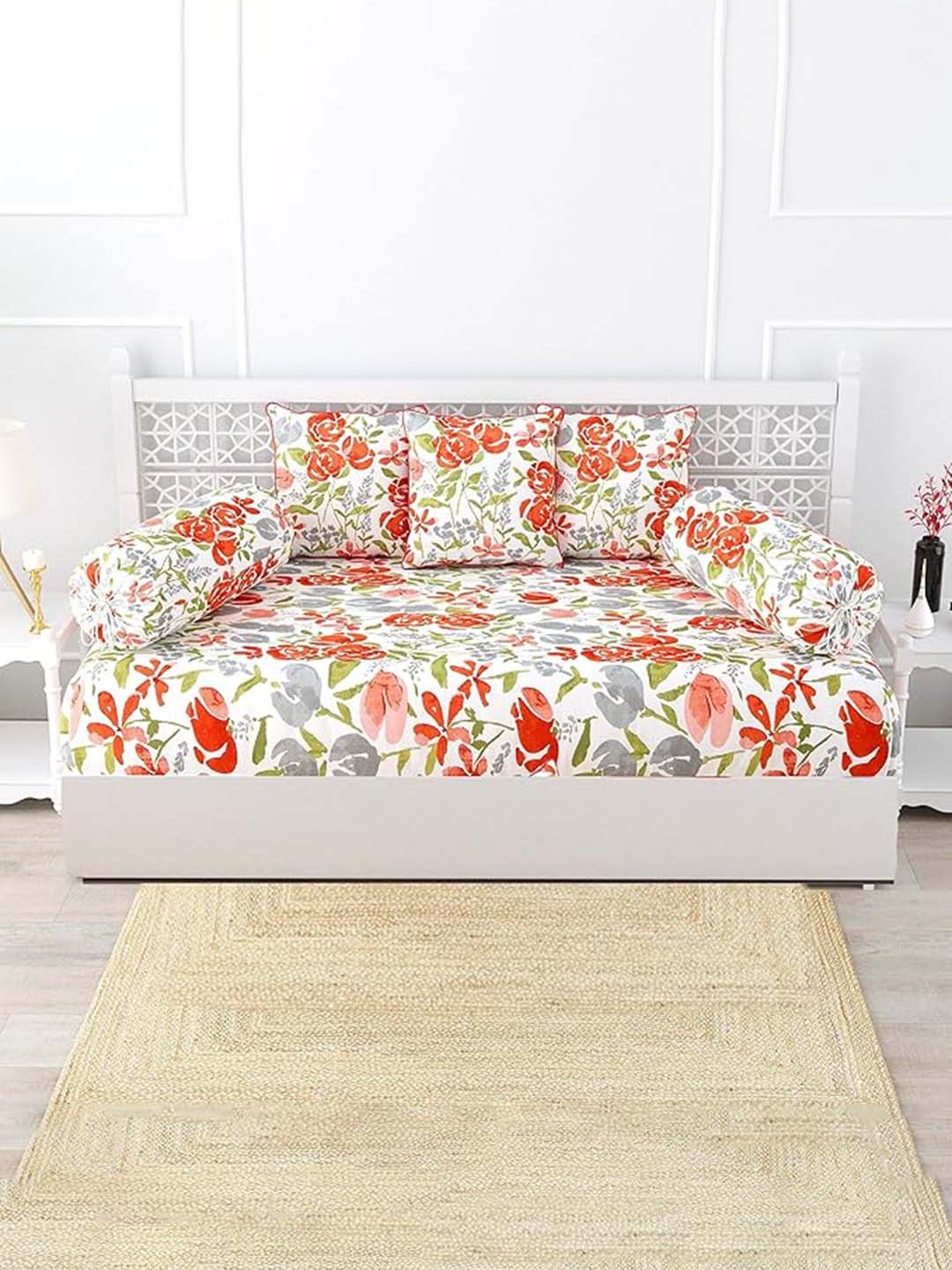 

Trance Home Linen Set Of 6 Red & Cream Floral-Printed 200 TC Diwan Set