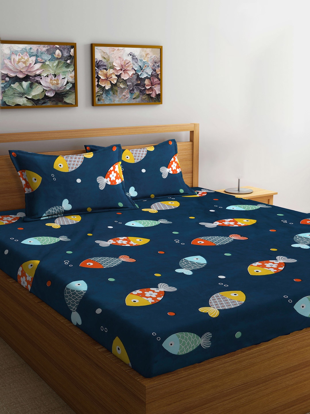 

FABINALIV Navy Blue Cartoon Characters 300 TC Fitted King Bedsheet Set 2.50m X 2.25m