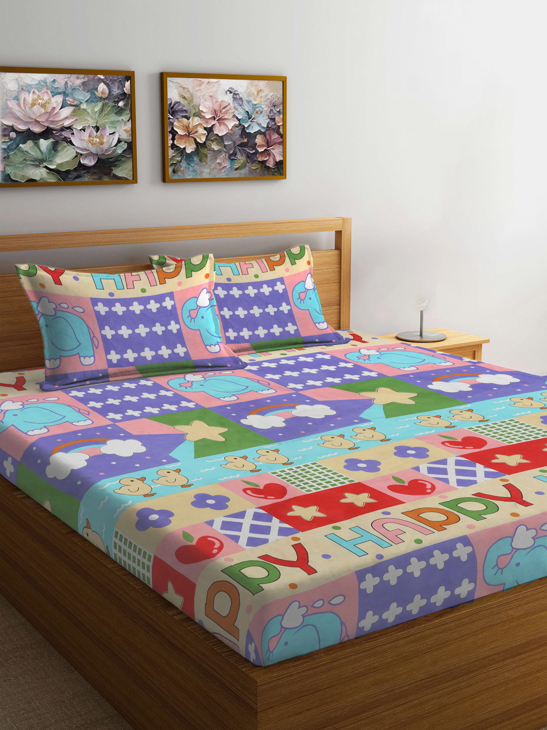

FABINALIV Blue & Pink Cartoon Characters 300 TC Fitted King Bedsheet Set 2.50m X 2.25m
