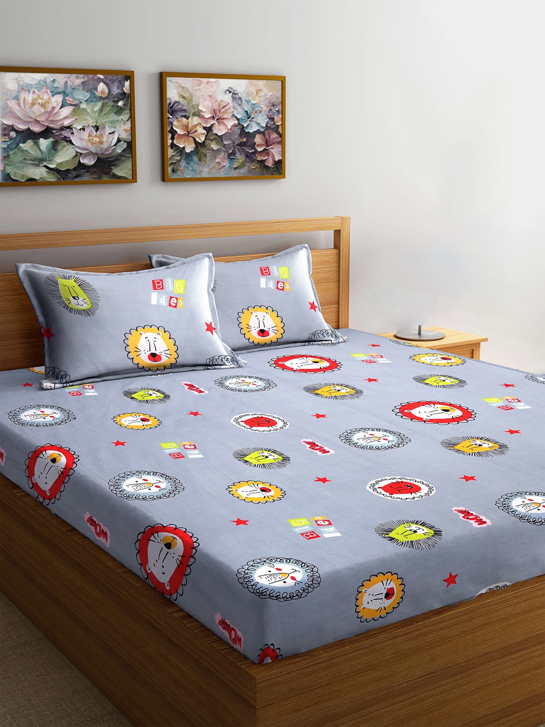 

FABINALIV Blue & Red Cartoon Characters 300 TC Fitted King Bedsheet Set 2.50m X 2.25m