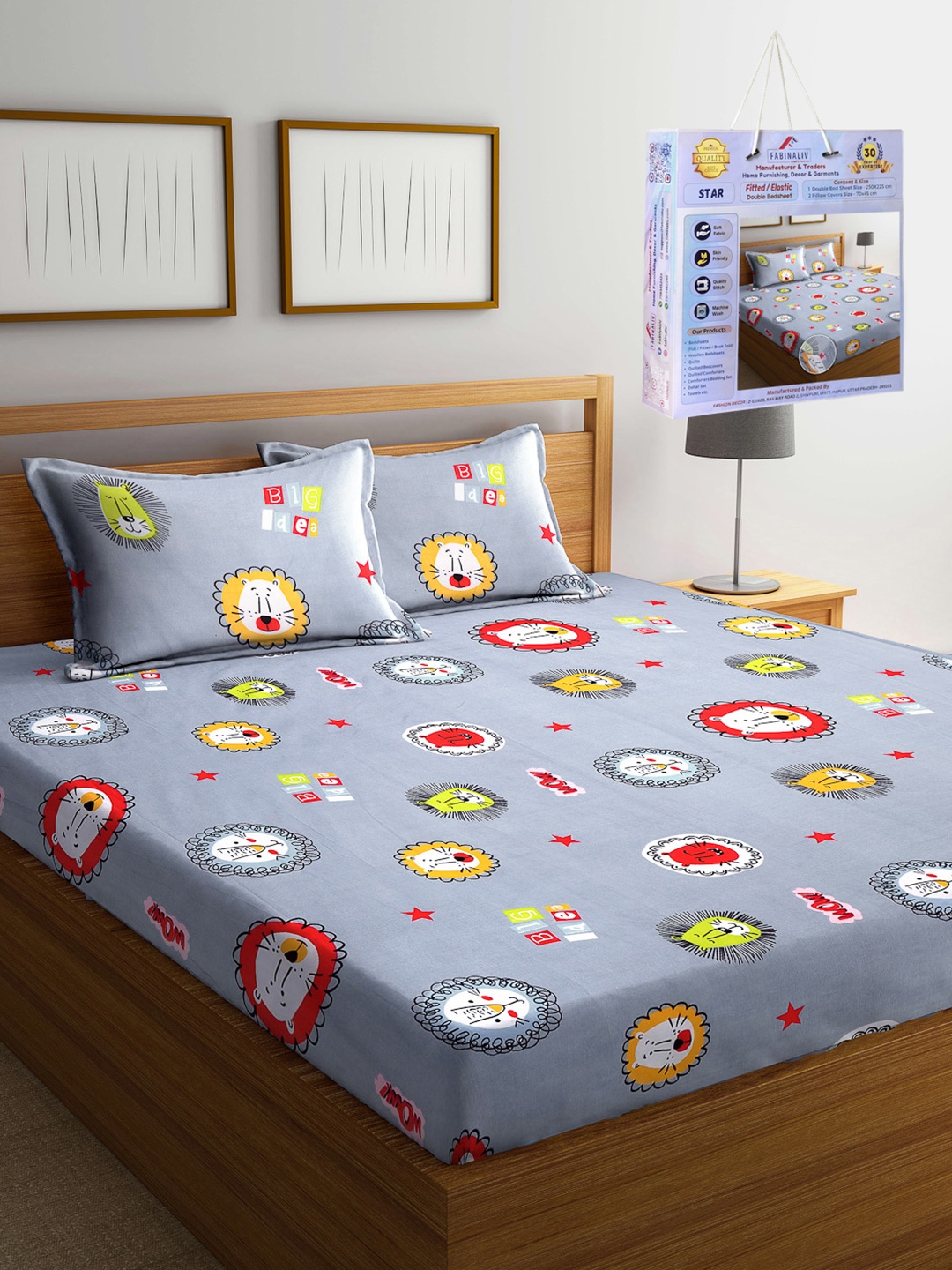 

FABINALIV Blue & Red Cartoon Characters 300 TC Fitted King Bedsheet Set 2.50m X 2.25m