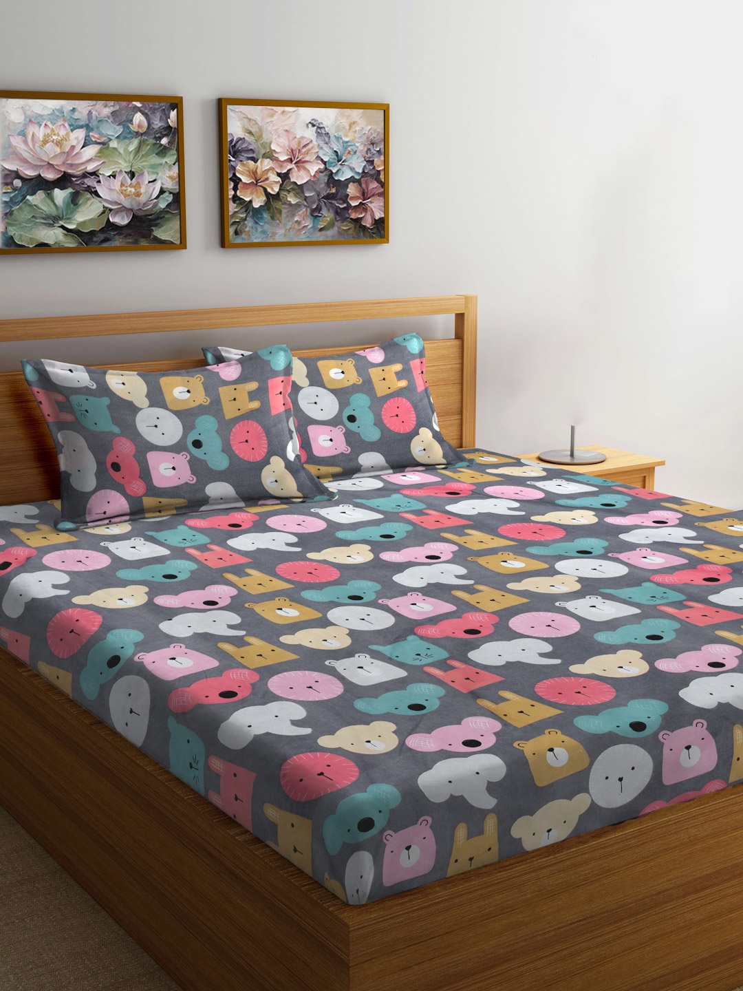 

FABINALIV Grey & Pink Cartoon Characters 300 TC Fitted King Bedsheet Set 2.50m X 2.25m