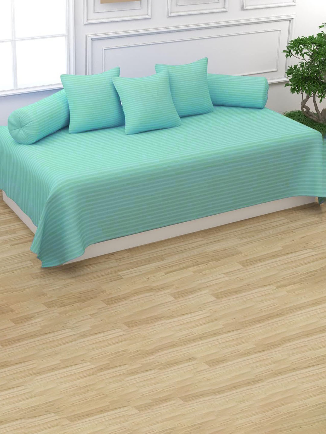 

Trance Home Linen 6-Pcs Sea Blue Striped Cotton Diwan Set