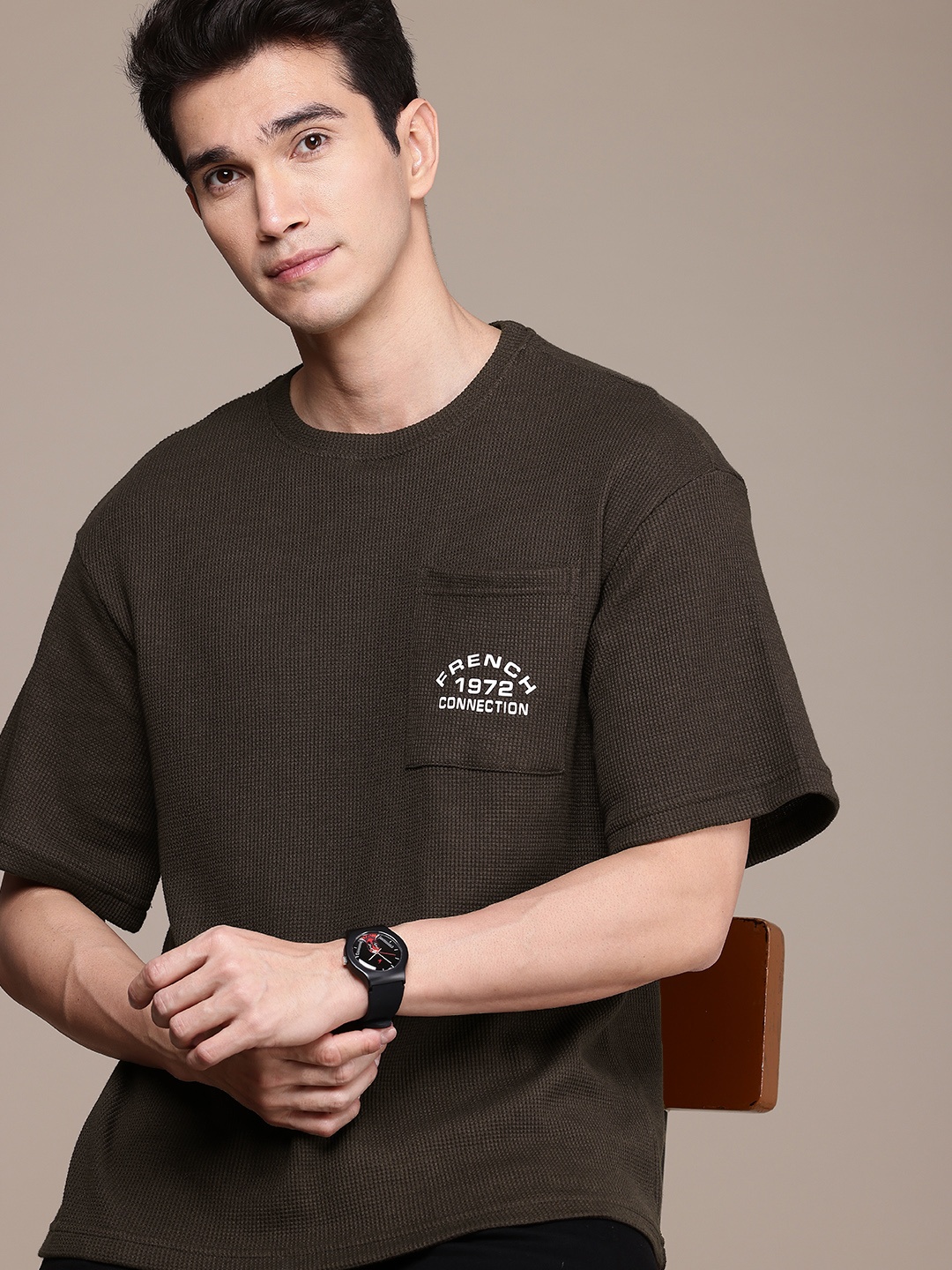 

French Connection Brand Logo Detail Textured Anti Odour Ovesized T-shirt With Pocket, Coffee brown