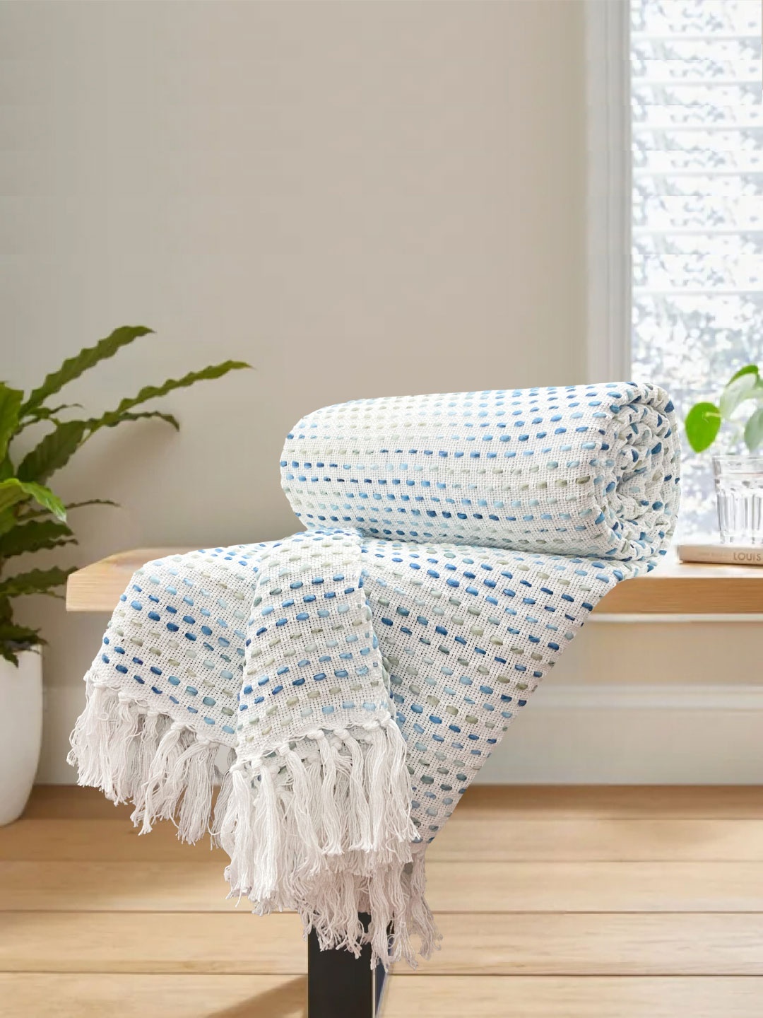 

SAJAVAT White & Blue Woven Design Pure Cotton Throw