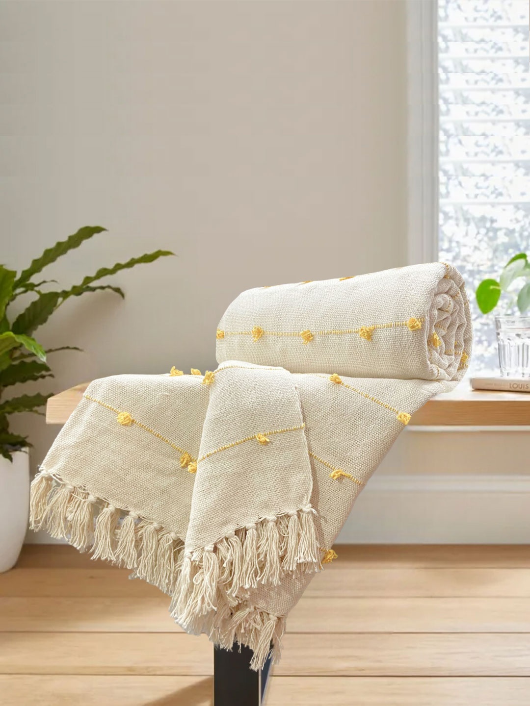 

SAJAVAT Beige & Yellow Knitted Pure Cotton Sofa Throw Blanket