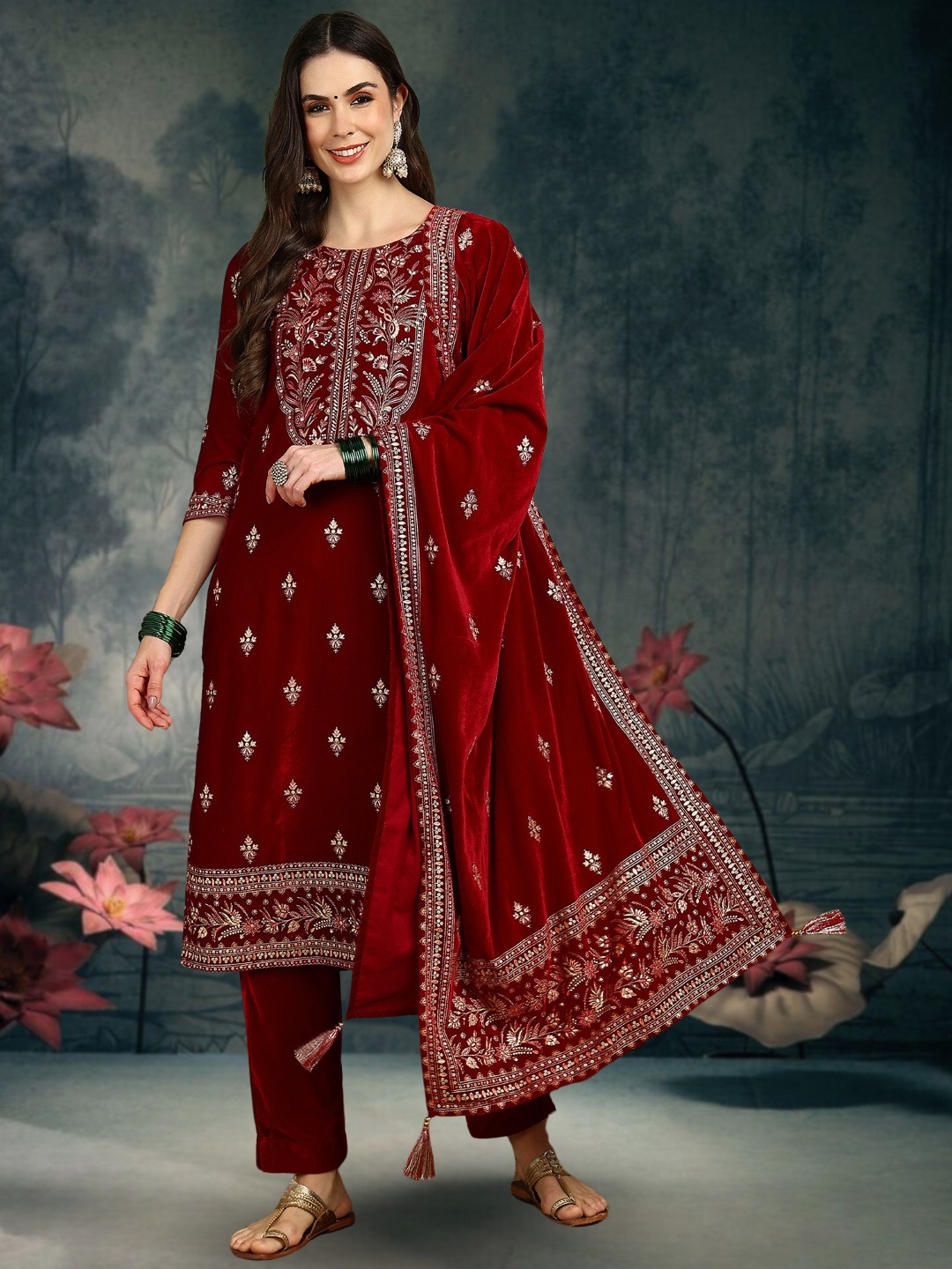 

AHIKA Women Ethnic Motifs Printed Regular Velvet Kurta with Trousers & With Dupatta, Red
