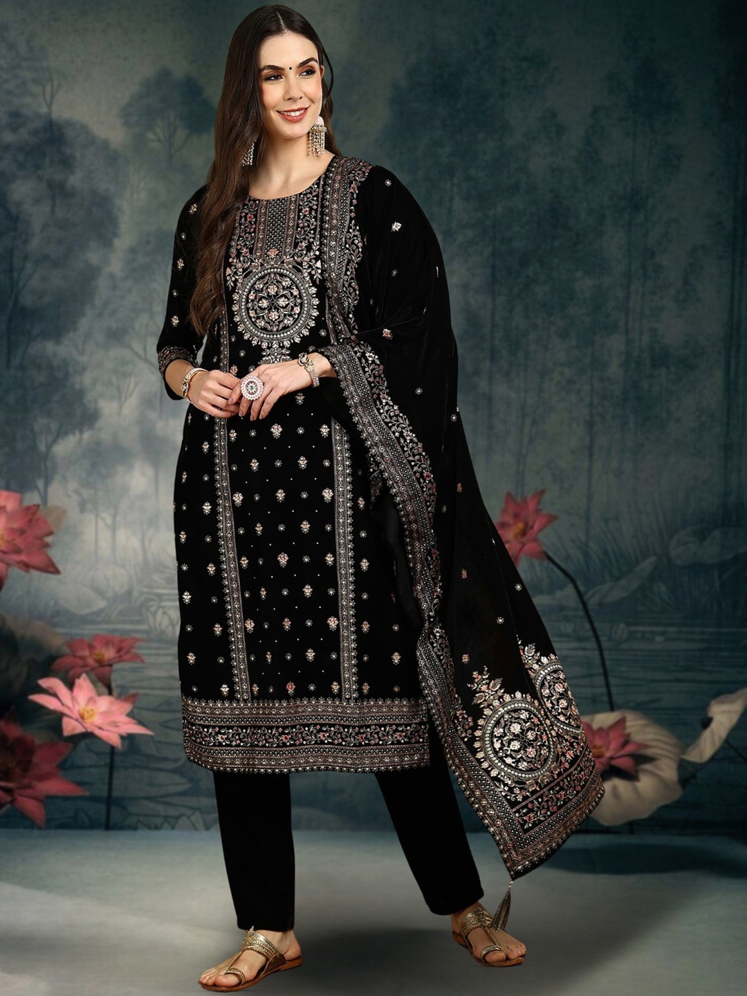 

AHIKA Women Ethnic Motifs Printed Regular Velvet Kurta with Trousers & With Dupatta, Black