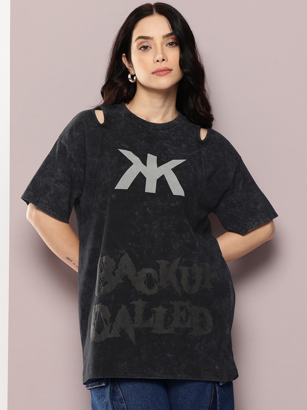 

Kook N Keech Typography Printed Oversized T-shirt with Cut Outs Detail, Black