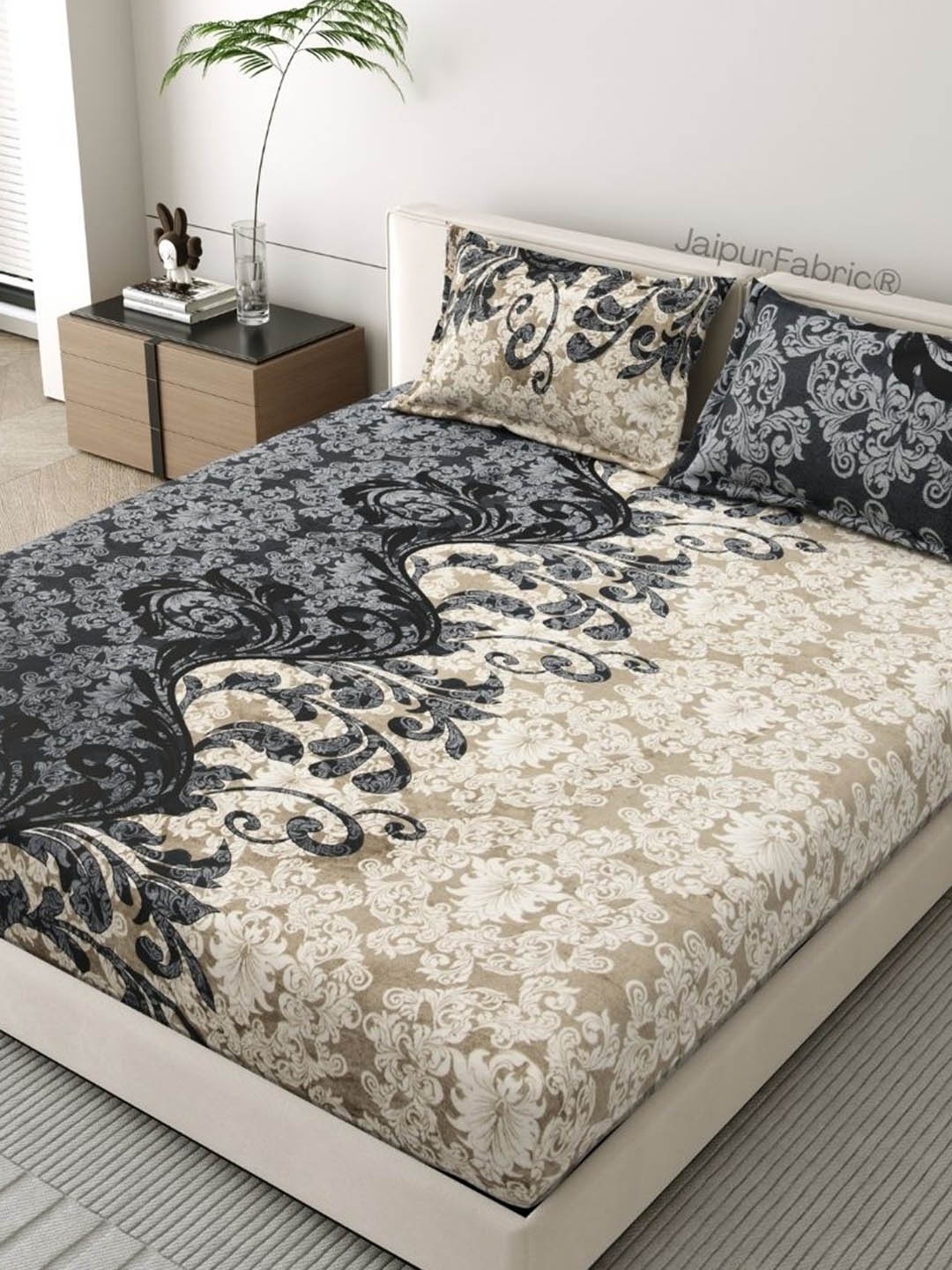 

JAIPUR FABRIC Black Ethnic Motifs 150 TC Woolen King Bedsheet Set-2.54 m x 2.74 m