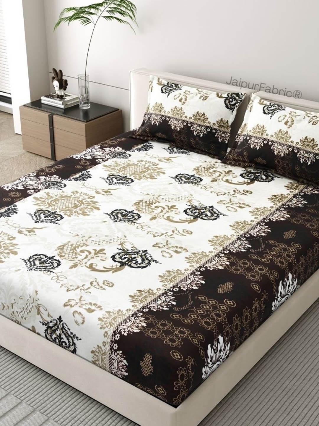 

JAIPUR FABRIC Off White Floral 150 TC Woolen King Bedsheet Set-2.54 m x 2.74 m