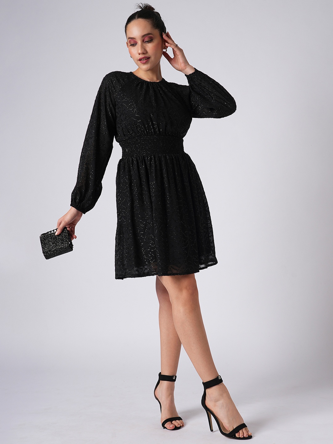 

Globus Bishop Sleeves Self Design Georgette Sheen Smocked Fit & Flare Party Dress, Black