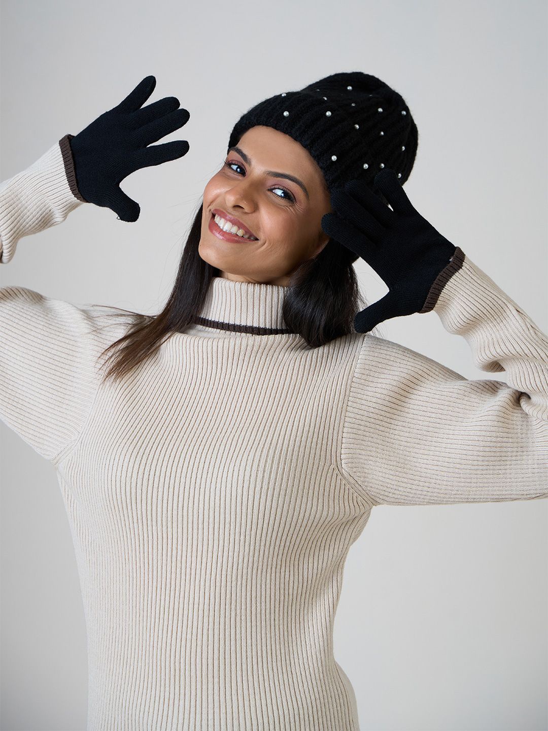 

ToniQ Women Winter Glove & Beanie Combo, Black