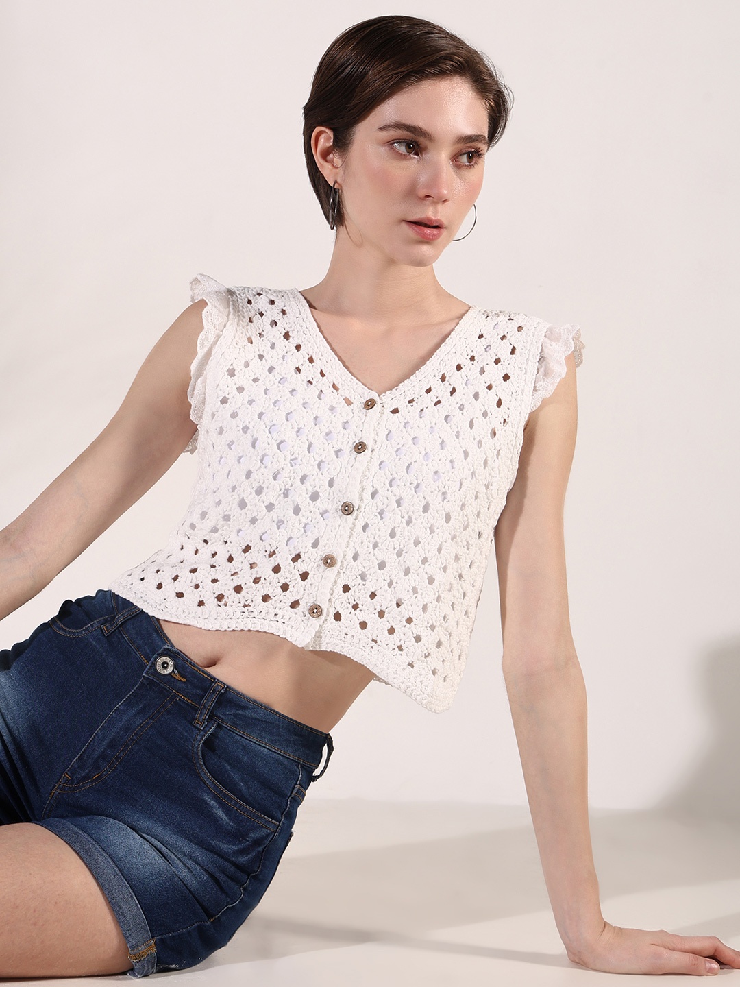 

SHOWOFF Women Flutter Sleeve Crochet Crop Top, Off white