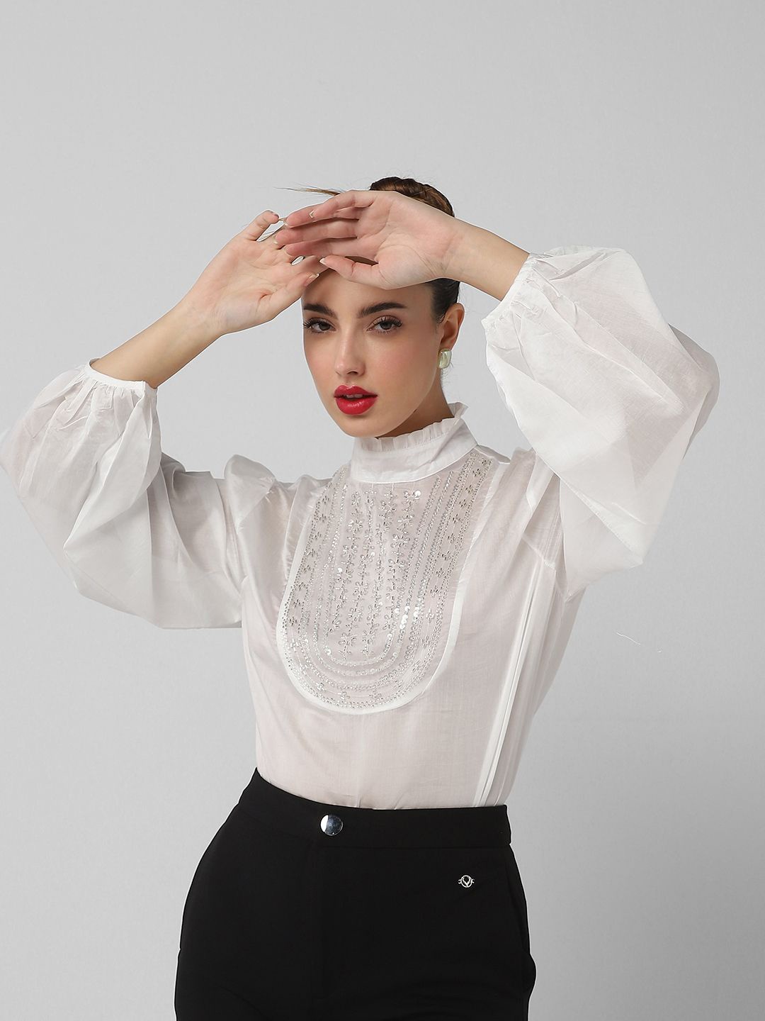 

SHOWOFF Women High Neck Puff Sleeves Top, White