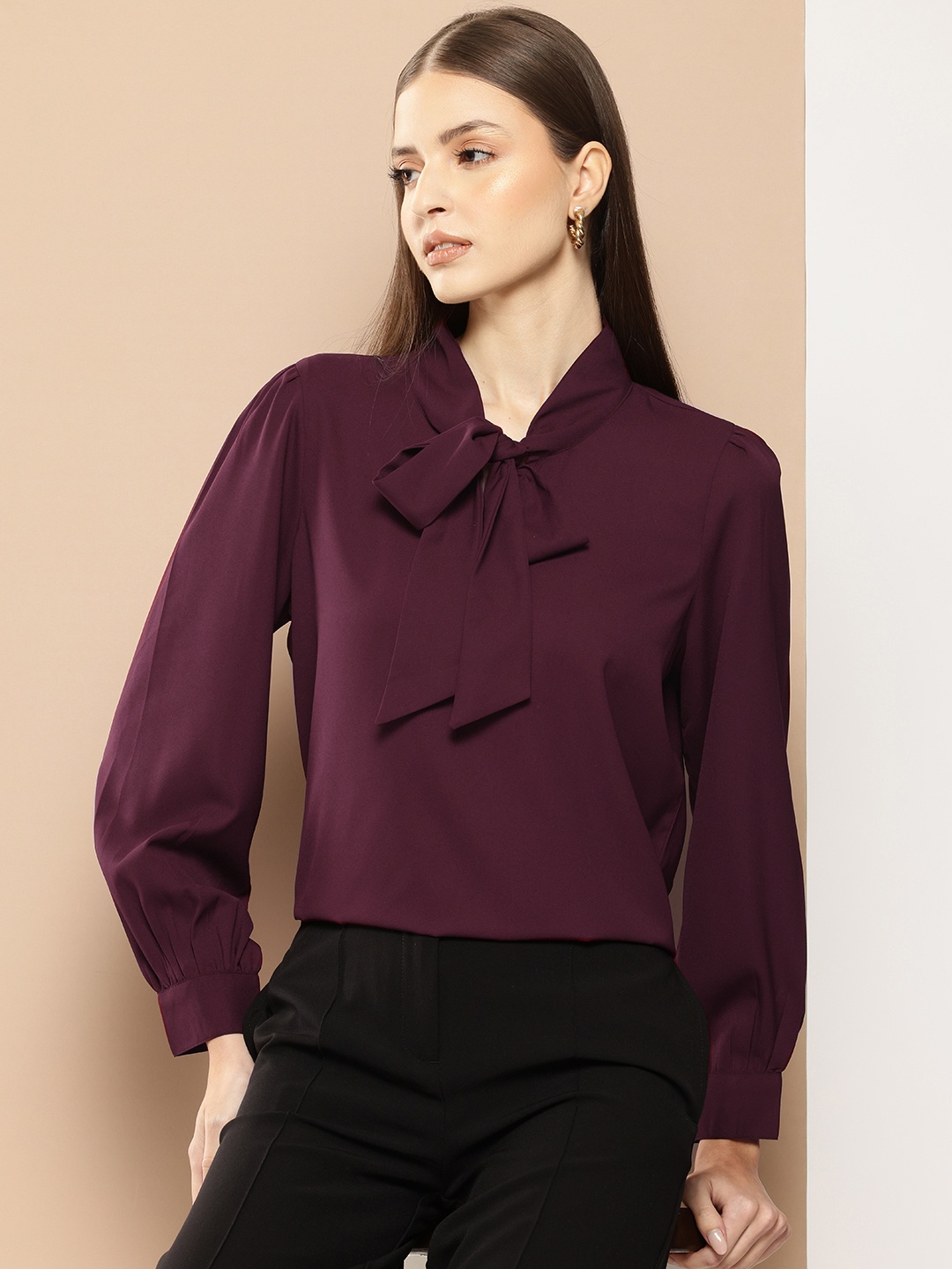 

her by invictus Tie-Up Neck Shirt Style Top, Burgundy