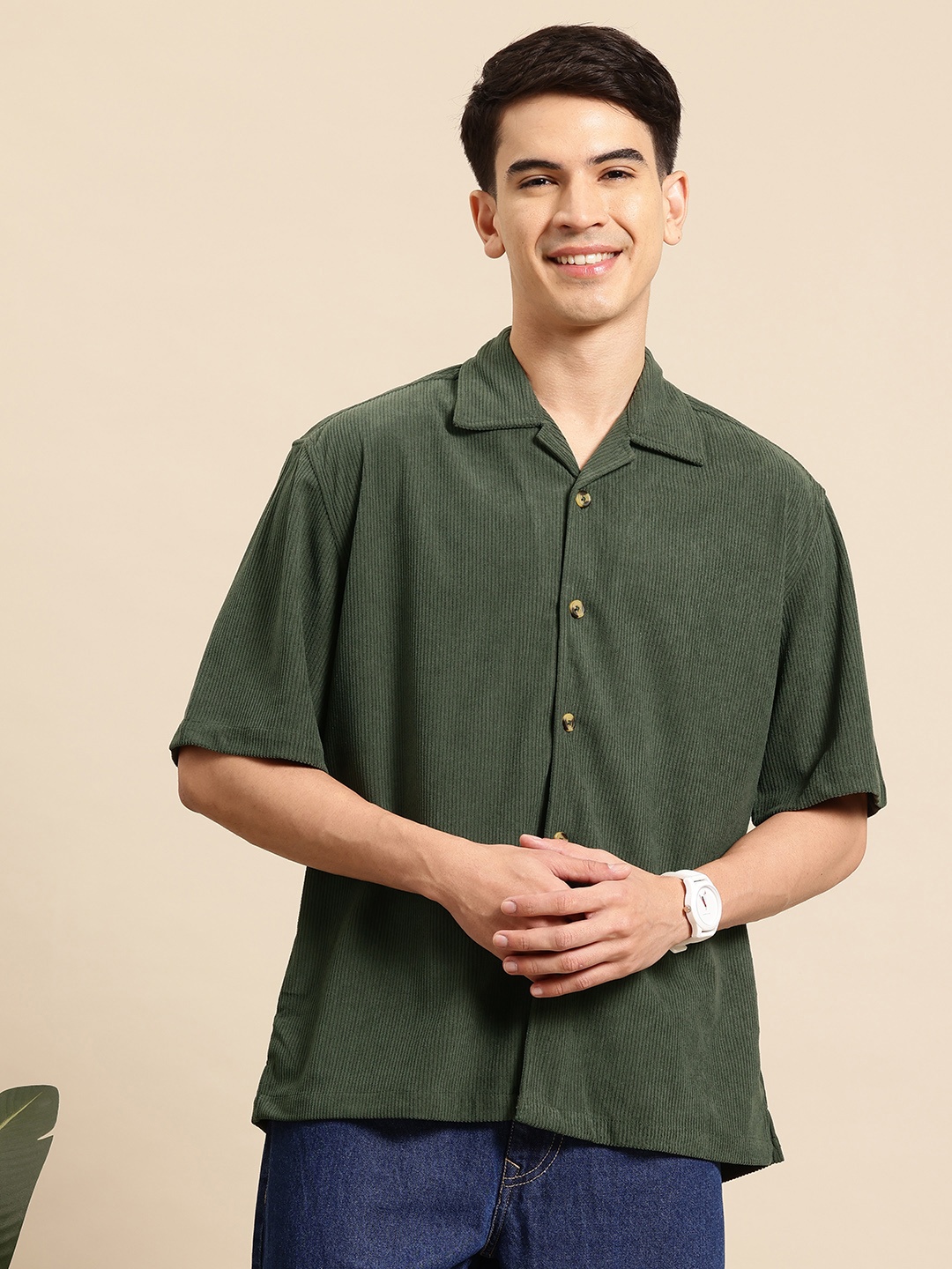 

Mast & Harbour Men Classic Cuban Collar Oversized Corduroy Casual Shirt, Olive