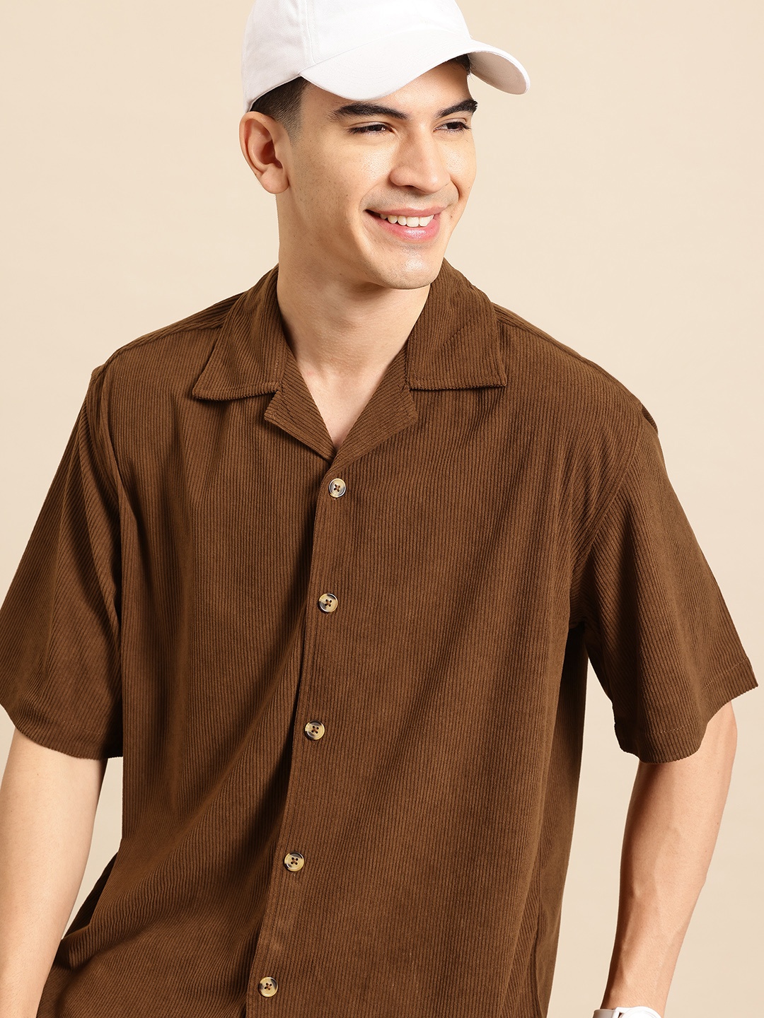 

Mast & Harbour Men Classic Cuban Collar Oversized Corduroy Casual Shirt, Brown