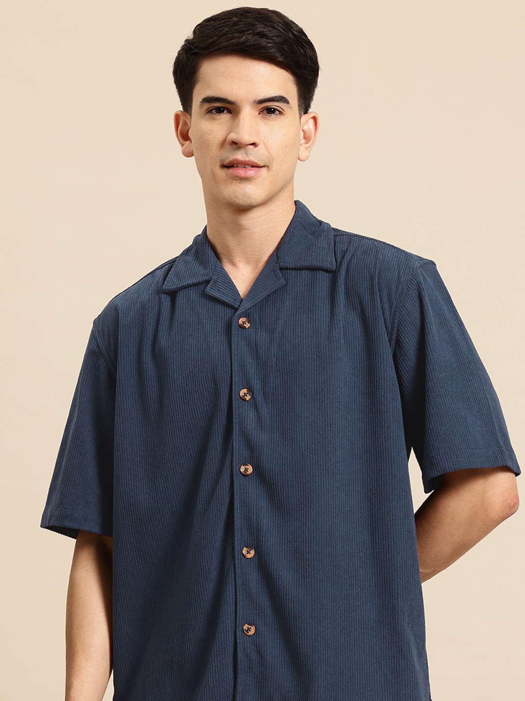 

Mast & Harbour Men Classic Cuban Collar Oversized Corduroy Casual Shirt, Navy blue