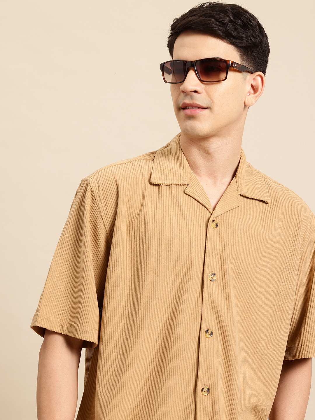 

Mast & Harbour Men Classic Cuban Collar Oversized Corduroy Casual Shirt, Tan