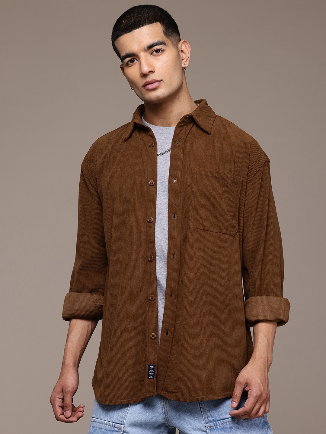 The Roadster Lifestyle Co. Men Classic Textured Corduroy Shirt, Brown