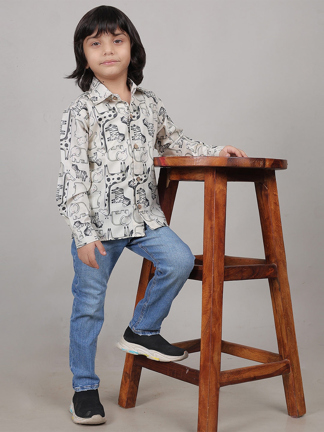 

AHC Unisex Kids Spread Collar Graphic Printed Casual Shirt, Cream