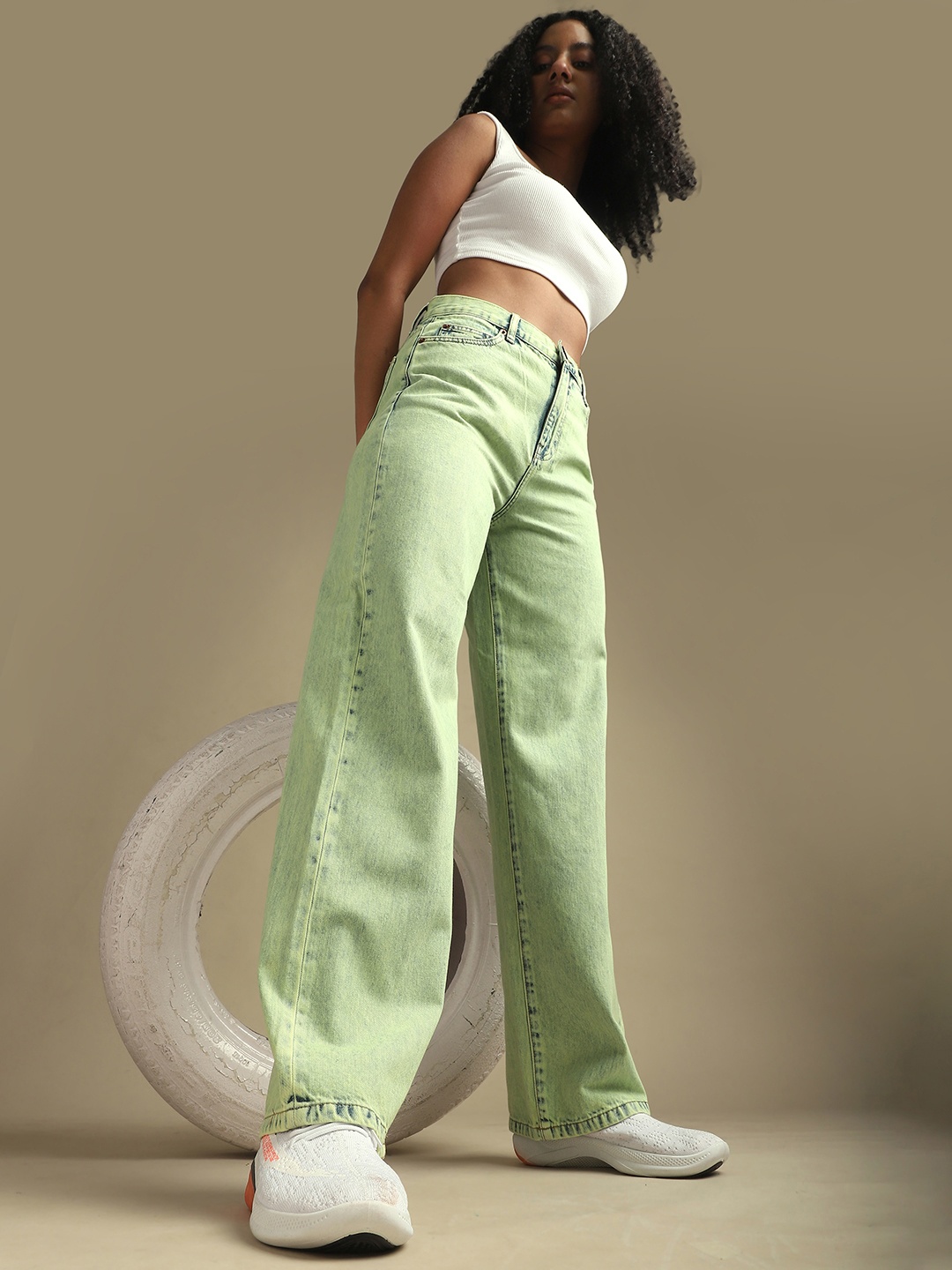 

DILLINGER Women Loose Relaxed Fit Slash Knee Jeans, Green