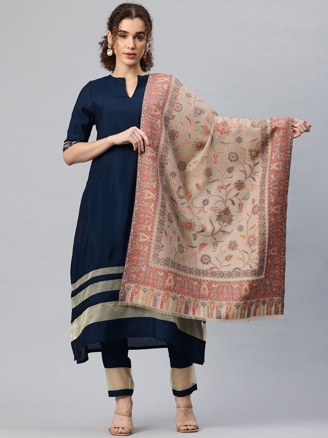 

SWI Stylish Floral Kani Woven Design Shawl, Beige