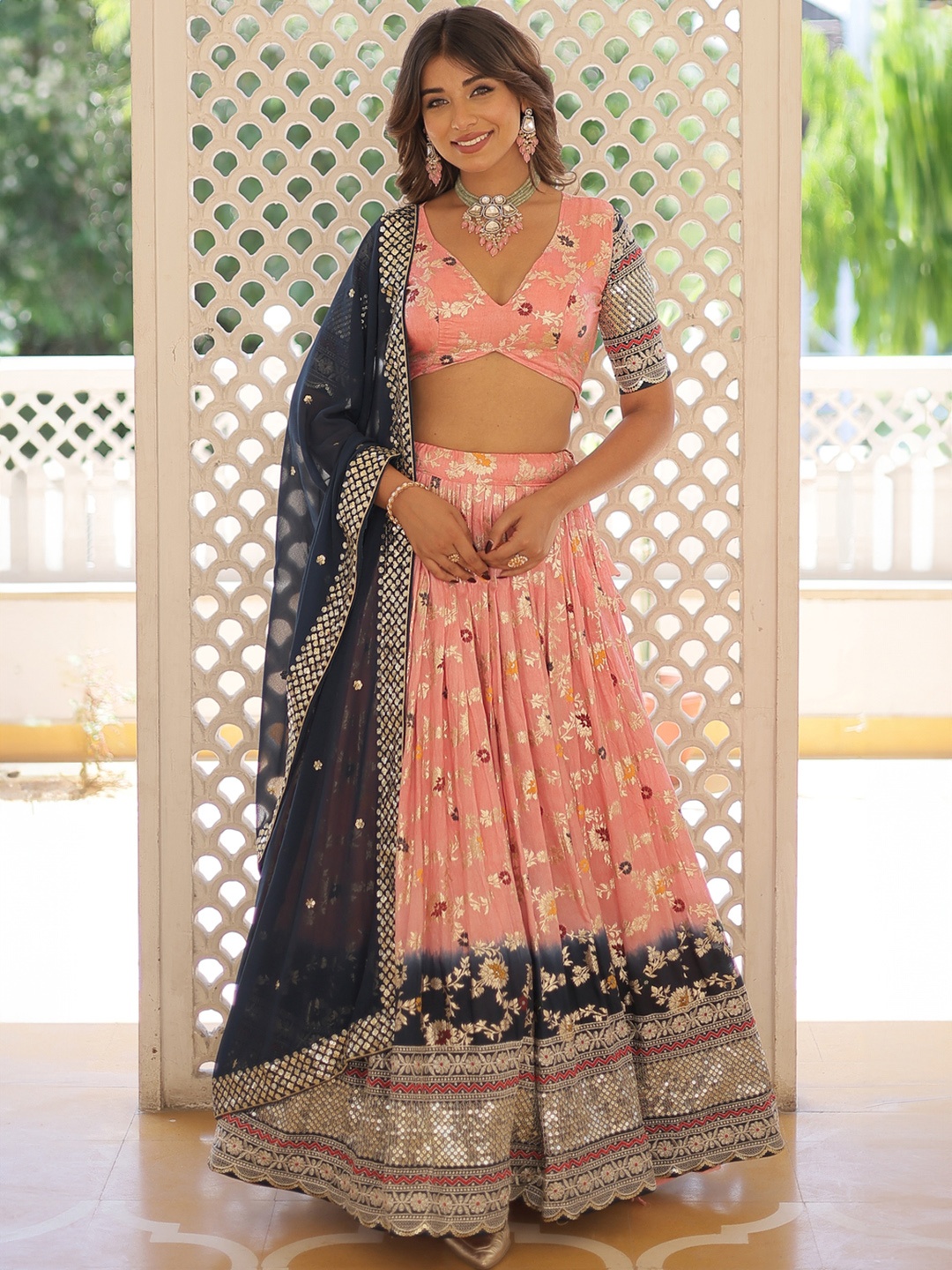 

Fashionuma Semi-Stitched Lehenga & Unstitched Blouse With Dupatta, Peach