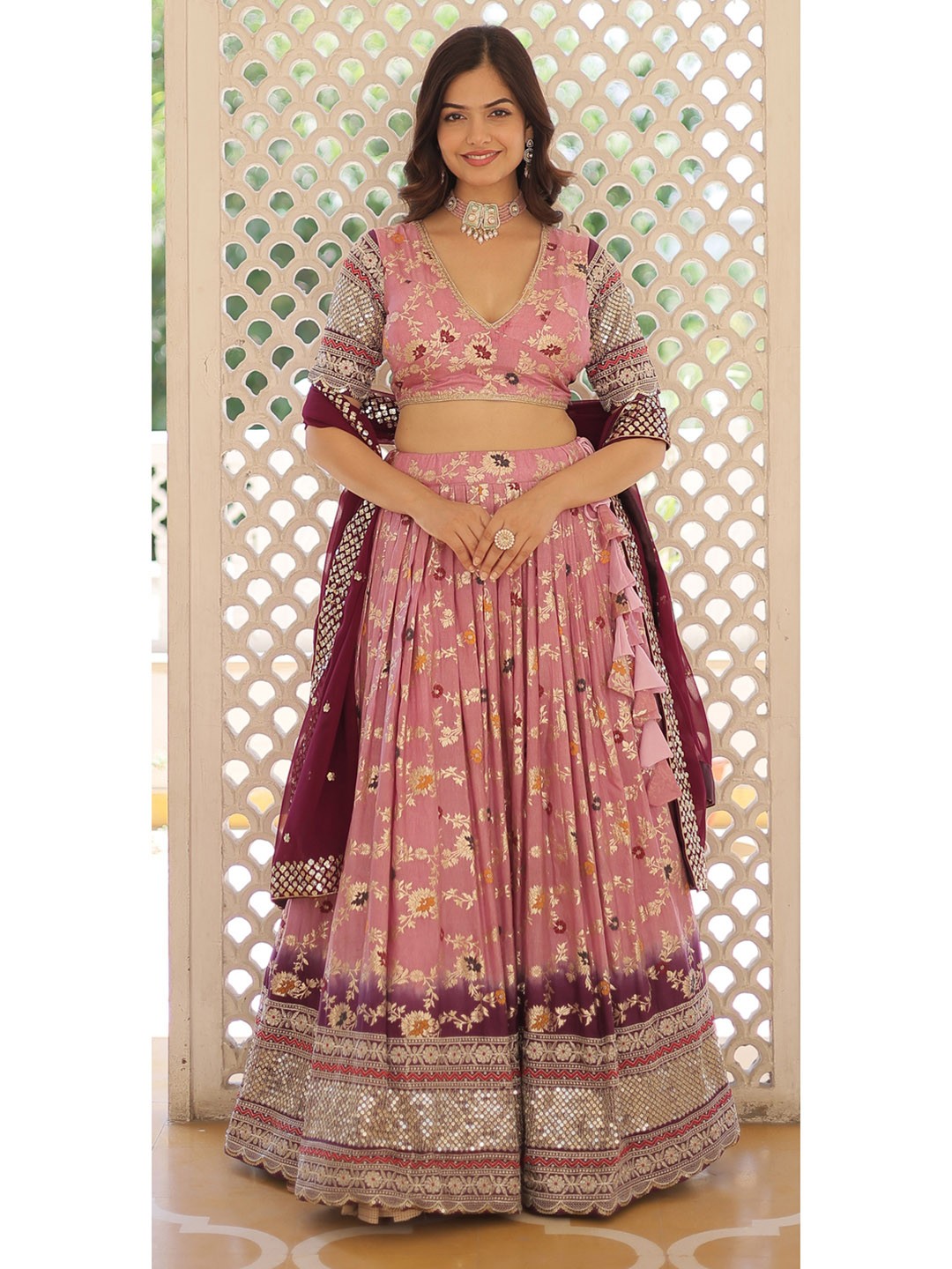 

Fashionuma Sequinned Semi-Stitched Lehenga & Unstitched Blouse With Dupatta, Pink