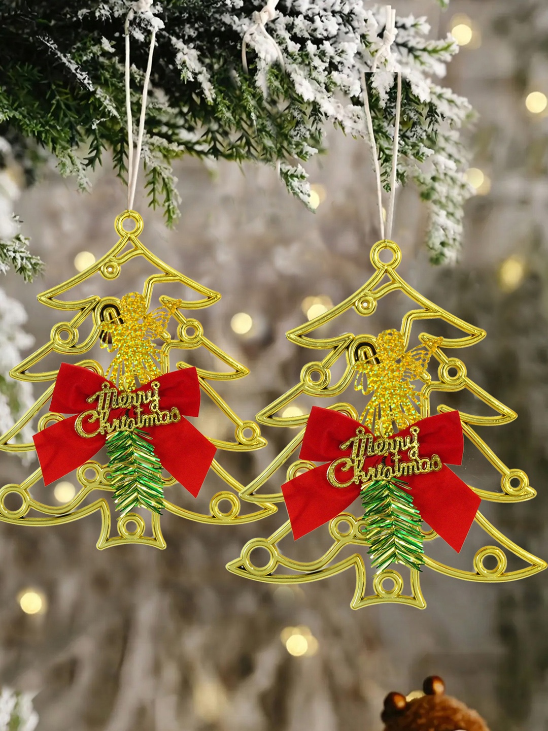 

TIED RIBBONS Gold Toned & Red 2 Pieces Christmas Hanging Bells