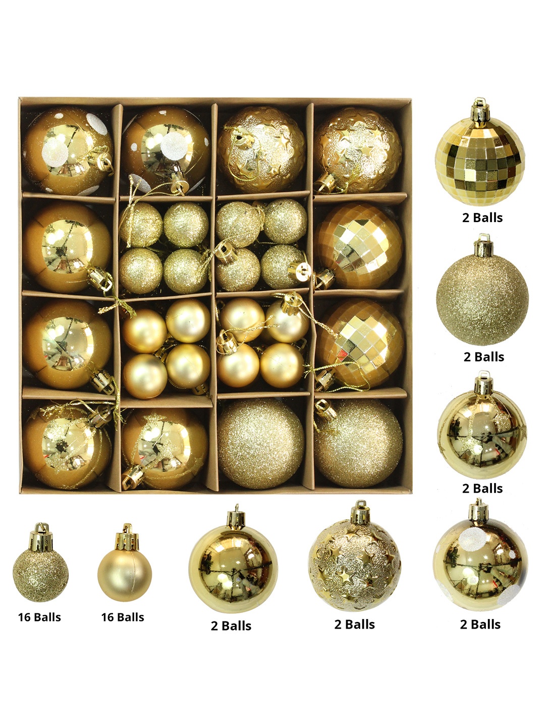 

TIED RIBBONS 44Pcs Textured Christmas Tree Hanging Balls, Gold