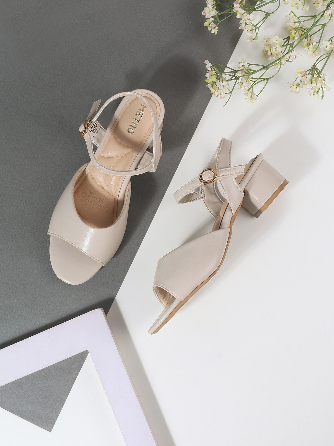 

Metro Colourblocked Block Pumps with Buckles, Beige