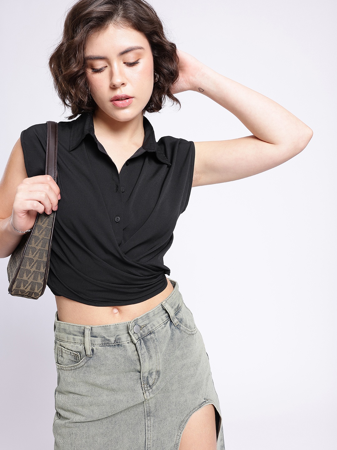 

glitchez Classic Cool Sleeveless Tie-Up Wrap Shirt Style Crop Top, Black