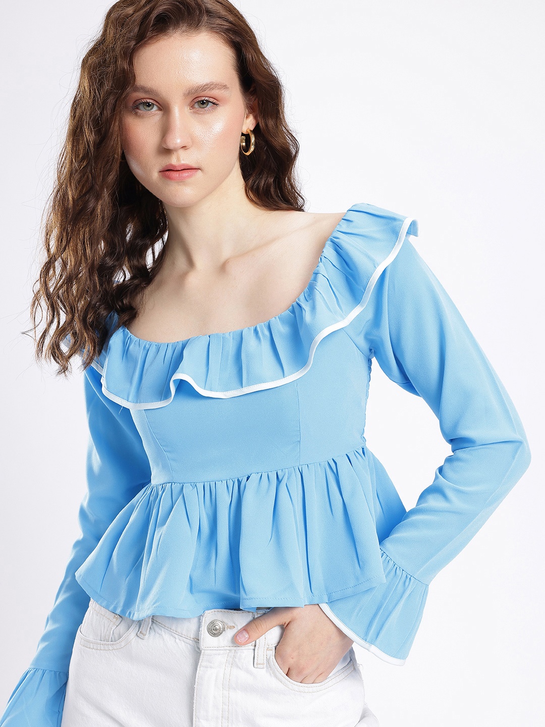 

glitchez Adorably Stylish Ruffled Gathered Smocked Peplum Crop Top, Blue