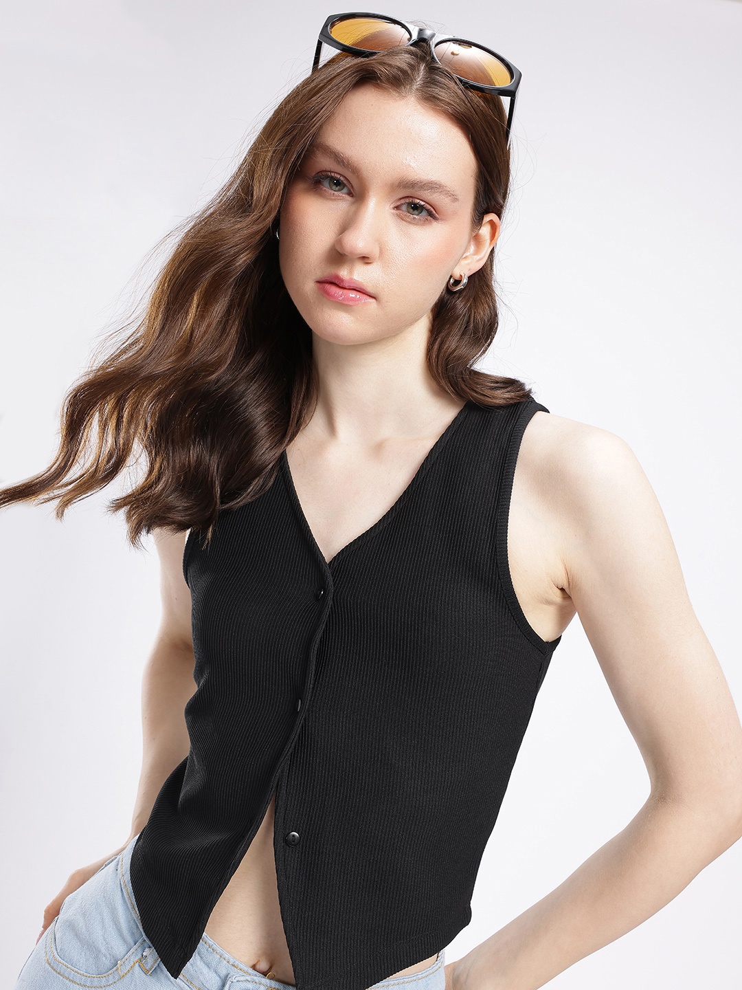 

glitchez Classic Chic Sleeveless Ribbed Vest Style Crop Top, Black