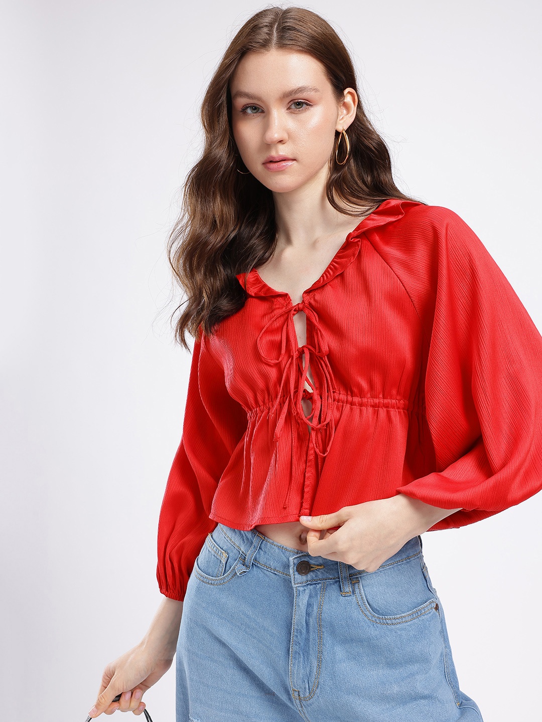 

glitchez Girly Glam Ruffles Gather Detail Tie-Ups A-Line Crop Top, Red