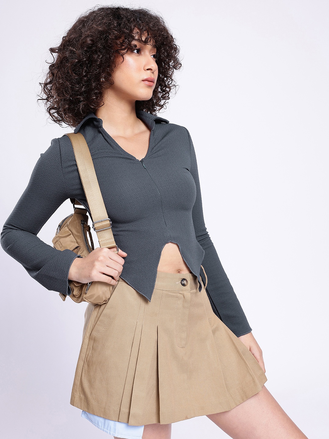 

glitchez Edgy Elegance Textured Front Slit Crop Fitted Top, Grey