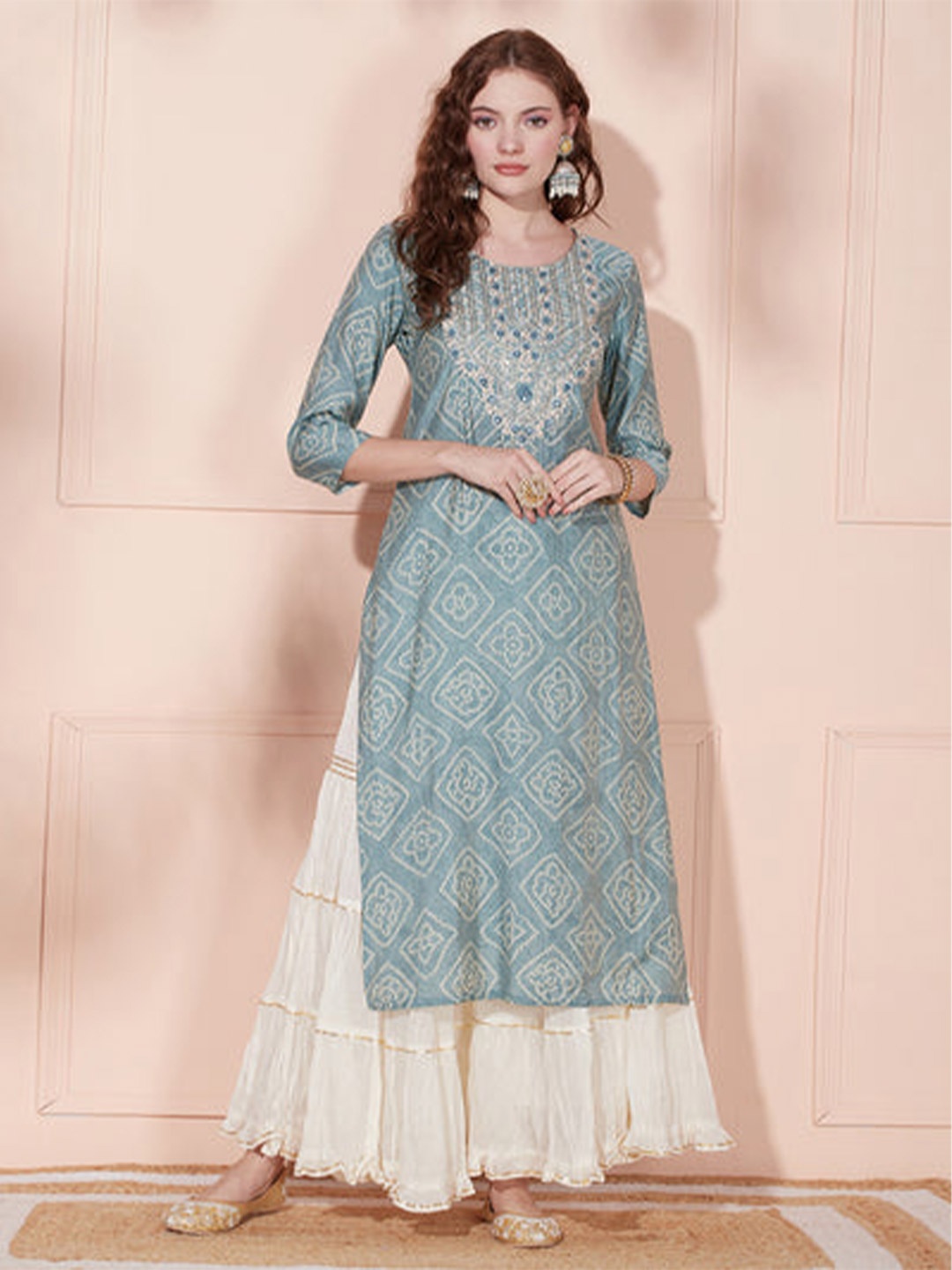 

PHYSIL Women Bandhani Printed Mirror Work Kurta, Blue