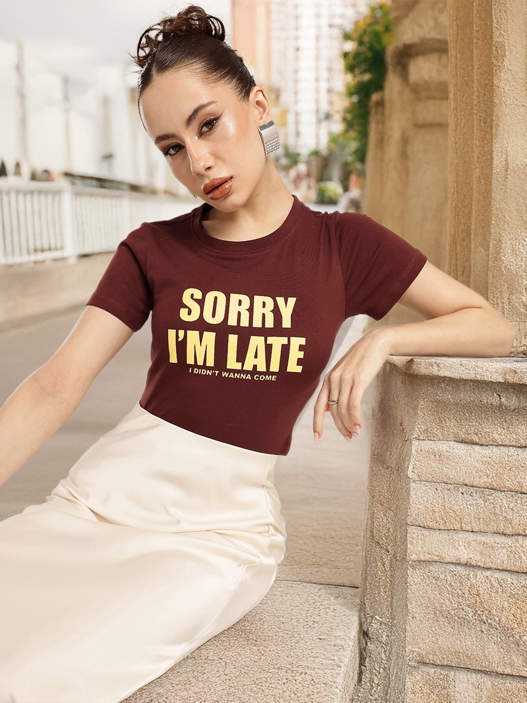 

glitchez Fashionably Late Printed Crop T-shirt, Brown