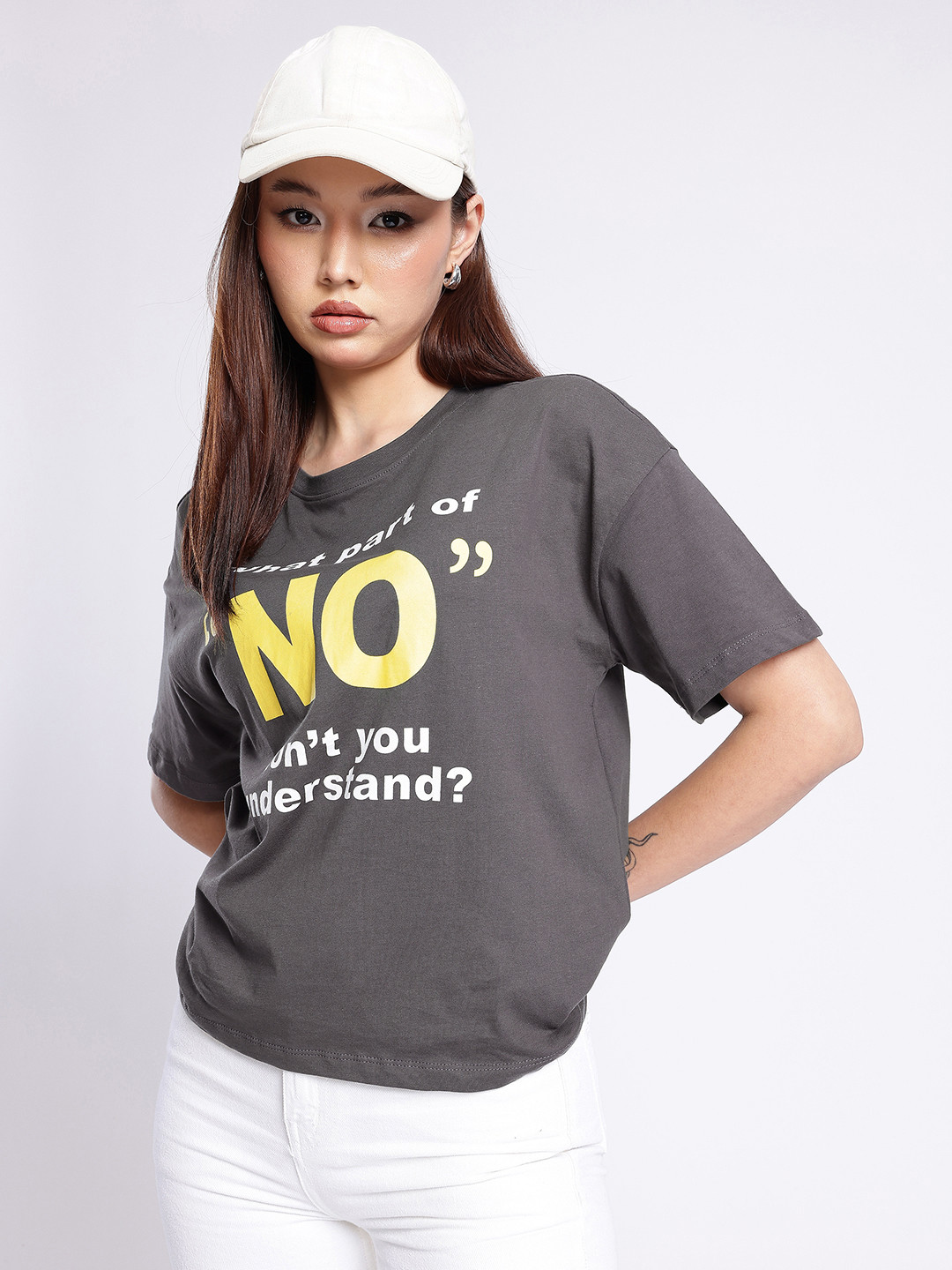 

glitchez Zero Tolerance Oversized Typography Printed T-shirt, Grey