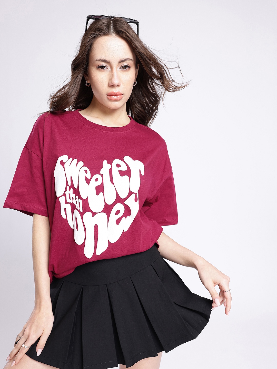 

glitchez Sugar Rush Oversized Typography Printed T-shirt, Magenta