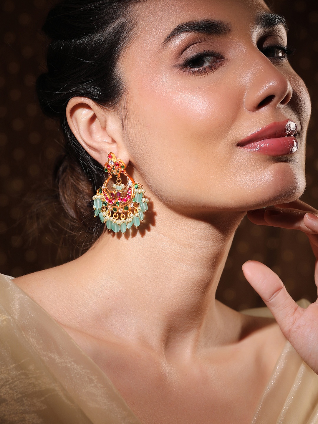 

Rubans 22K Gold-Plated Ruby & Emerald Stone Studded Mint Green Beaded Chandbali Earrings