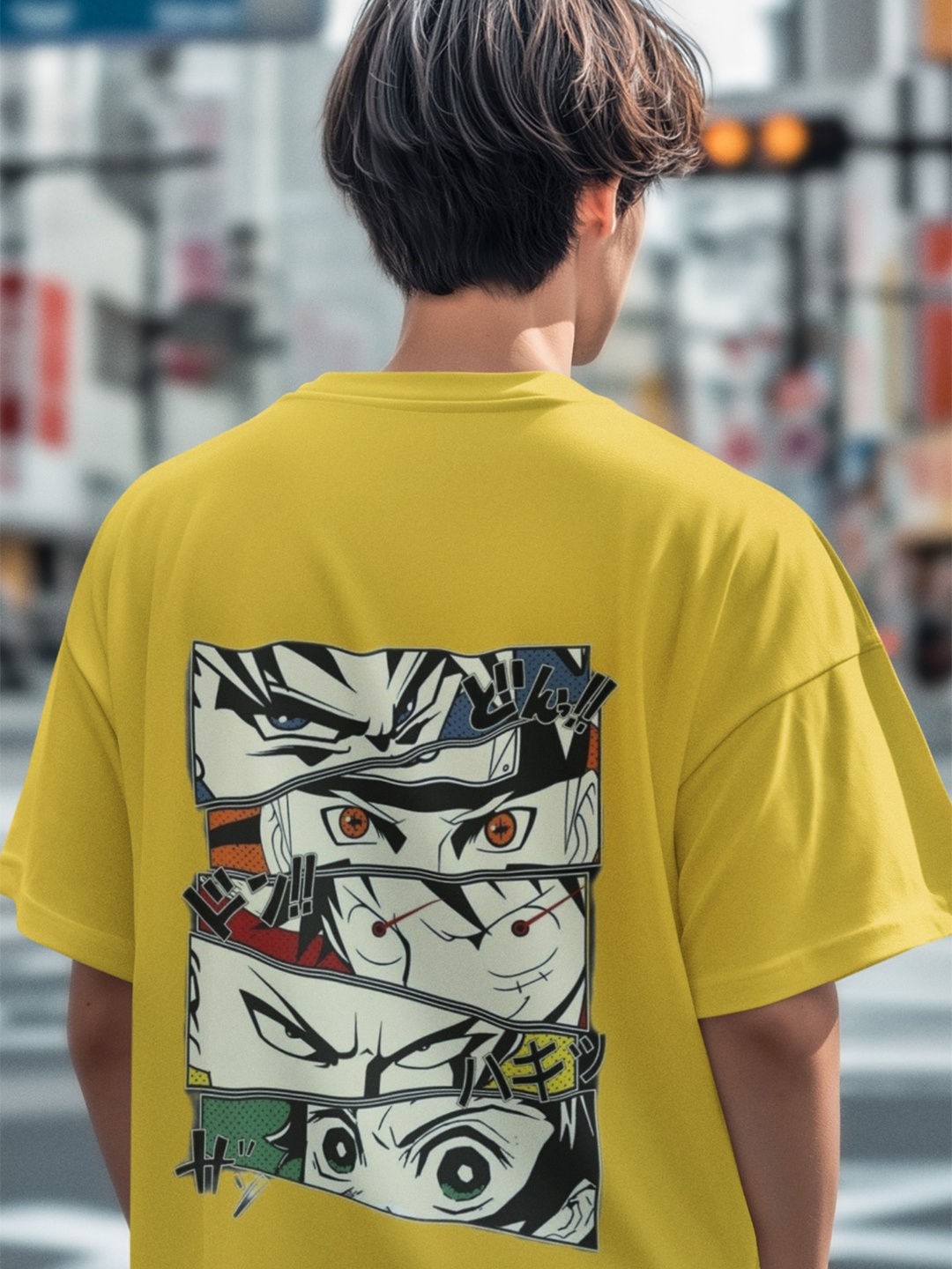 

Elibolz Anime Printed Drop-Shoulder Sleeves Bio Finish T-shirt, Yellow