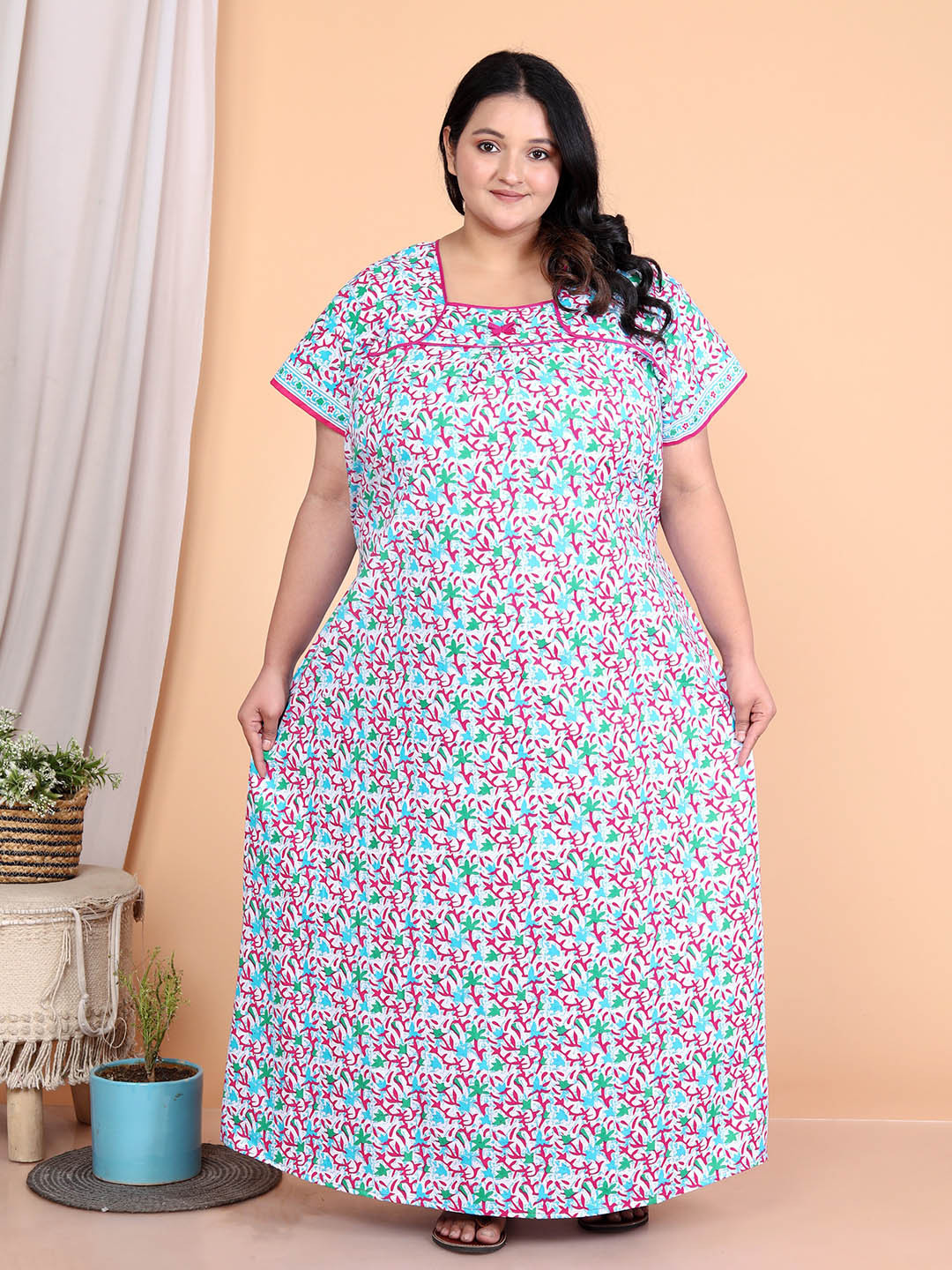 

JAIPZZ APPARELS Printed Maxi Nightdress, Pink