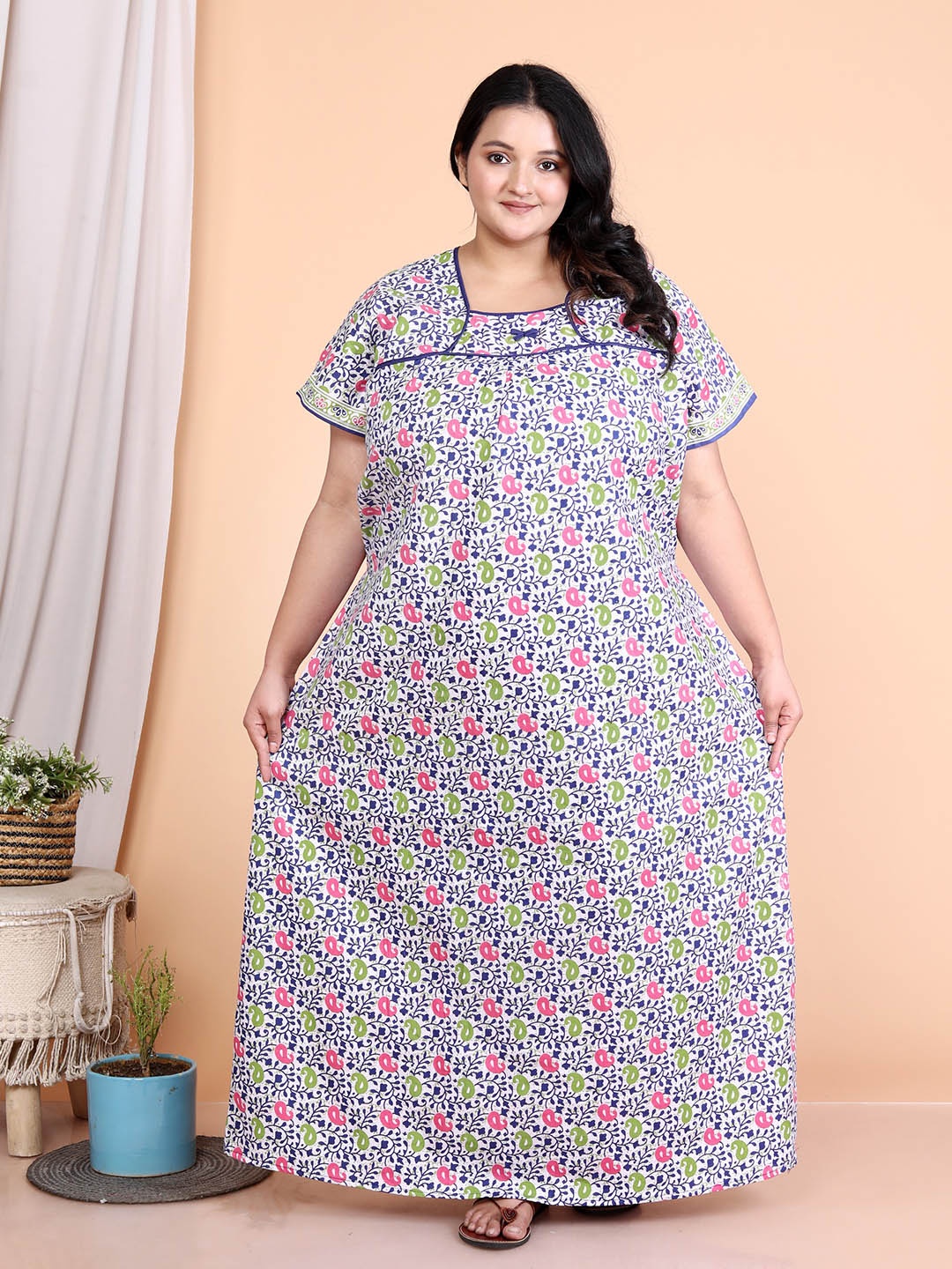 

JAIPZZ APPARELS Printed Maxi Nightdress, Blue
