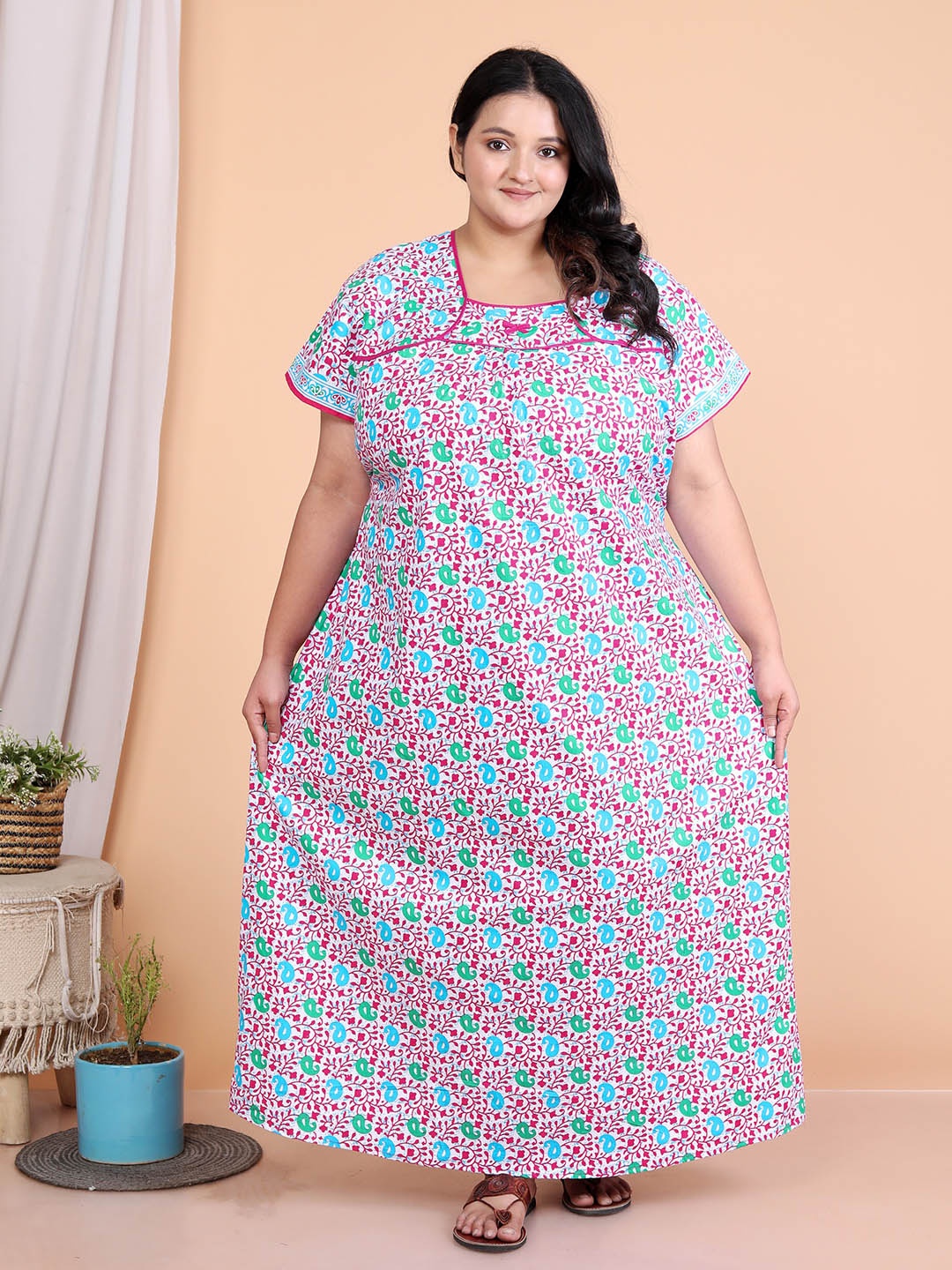 

JAIPZZ APPARELS Printed Maxi Nightdress, Pink