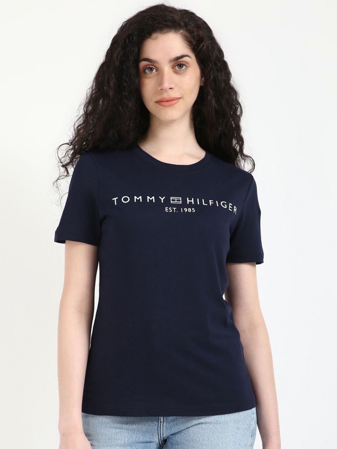 

Tommy Hilfiger Women Typography Raw Edge T-shirt, Blue