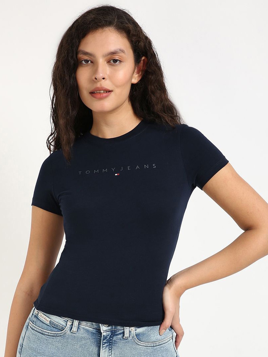 

Tommy Hilfiger Women Typography Cut Outs Slim Fit T-shirt, Blue