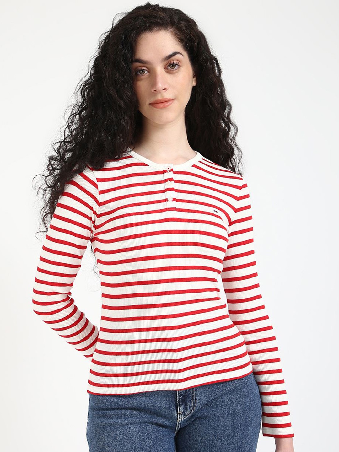 

Tommy Hilfiger Women Striped Cut Outs Slim Fit T-shirt, Red